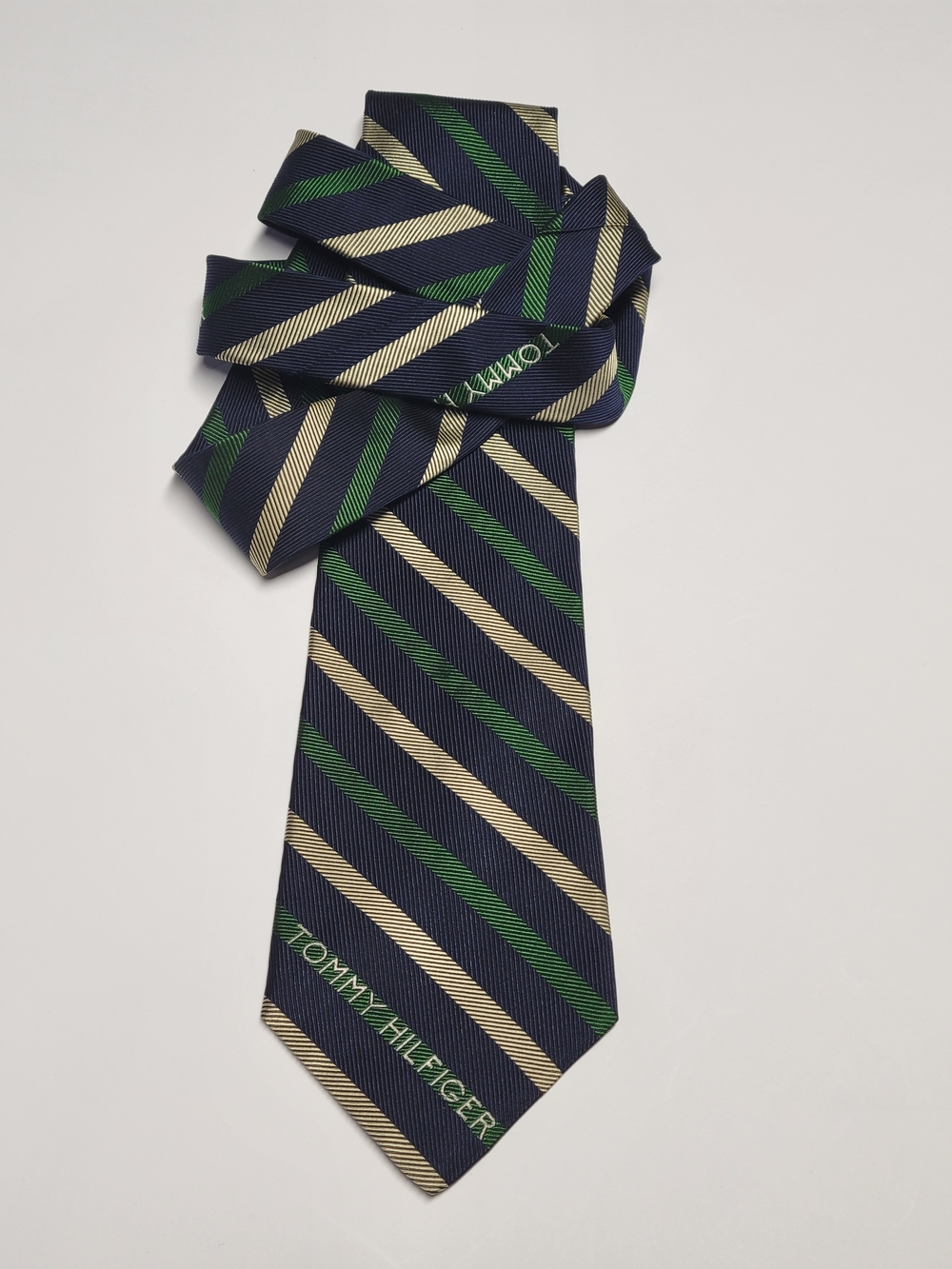 Tommy Hilfiger Navy, Green & Cream Striped Silk Tie